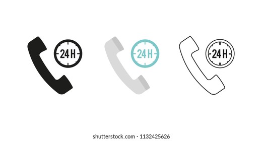 Retro telephone receiver. Three different styles: black, color and outline. Handset symbol. 24 hours sign. Vector illustration, flat design