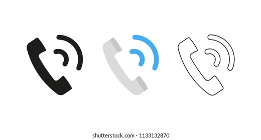 Retro telephone receiver. Three different styles: black, color and outline. Handset symbol. Ringing sign. Vector illustration, flat design