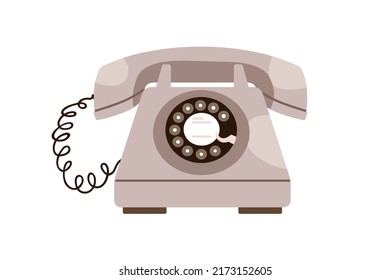 Retro telephone with rotary dial disc, headset. Old historical phone of 1954 type. 50s, 60s desk set. Obsolete telecommunication device. Flat vector illustration isolated on white background