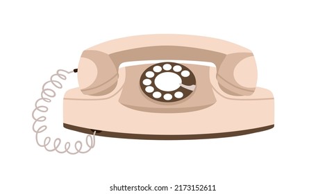 Teléfono retro con disco rotatorio. Viejo teléfono de princesa de los 50. Escritorio de historial con receptor de auriculares y disco. Dispositivo obsoleto histórico. Ilustración vectorial gráfica plana aislada en fondo blanco