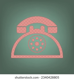 Retro telephone sign. Apricot Icon with Brick Red parquet floor graphic pattern on a Ebony background. Feldgrau. Green. Illustration.