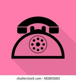 Retro telephone sign. Black icon with flat style shadow path on pink background.