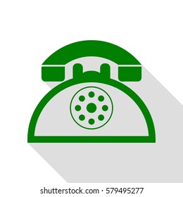 Retro telephone sign. Green icon with flat style shadow path.