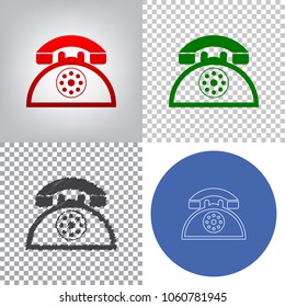 Retro telephone sign. Vector. 4 styles. Red gradient in radial lighted background, green flat and gray scribble icons on transparent and linear one in blue circle.