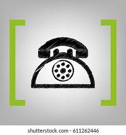 Retro telephone sign. Vector. Black scribble icon in citron brackets on grayish background.