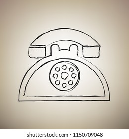 Retro telephone sign. Vector. Brush drawed black icon at light brown background.