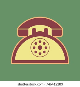 Retro telephone sign. Vector. Cordovan icon and mellow apricot halo with light khaki filled space at russian green background.