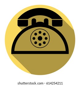 Retro telephone sign. Vector. Flat black icon with flat shadow on royal yellow circle with white background. Isolated.