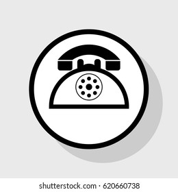 Retro telephone sign. Vector. Flat black icon in white circle with shadow at gray background.