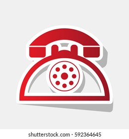 Retro telephone sign. Vector. New year reddish icon with outside stroke and gray shadow on light gray background.