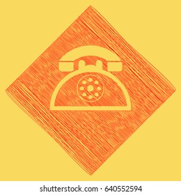 Retro telephone sign. Vector. Red scribble icon obtained as a result of subtraction rhomb and path. Royal yellow background.