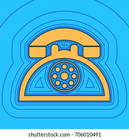 Retro telephone sign. Vector. Sand color icon with black contour and equidistant blue contours like field at sky blue background. Like waves on map - island in ocean or sea.