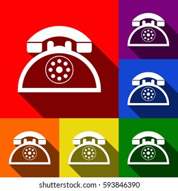 Retro telephone sign. Vector. Set of icons with flat shadows at red, orange, yellow, green, blue and violet background.