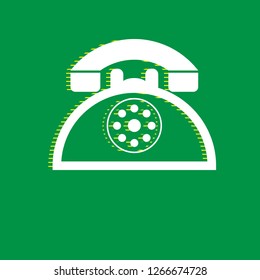Retro telephone sign. Vector. White flat icon with yellow striped shadow at green background.