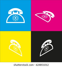 Retro telephone sign. Vector. White icon with isometric projections on cyan, magenta, yellow and black backgrounds.