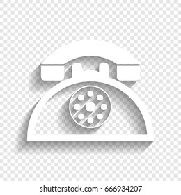 Retro telephone sign. Vector. White icon with soft shadow on transparent background.