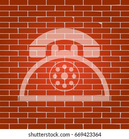 Retro telephone sign. Vector. Whitish icon on brick wall as background.