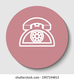 Retro telephone sign. White contoured icon on rosy brown button with shadow. Illustration.