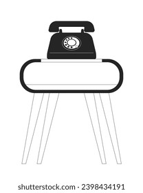 Mesa de teléfono retro con un objeto de dibujos animados en 2D en blanco y negro. Teléfono de marcación de época de pie en el elemento de contorno vectorial aislado de la mesa de noche. Ilustración plana monocromática antigua de telecomunicaciones