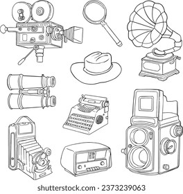 retro of television, camera, radio, typewriter, speaker, magnifying glass, adventure hat. illustration, line vector set 