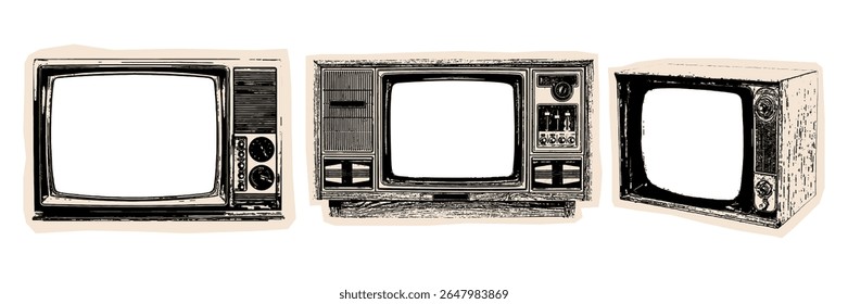 Exibição de televisão retrô estilo vintage grunge, ideal para vintage, nostalgia, e projetos temáticos de mídia.