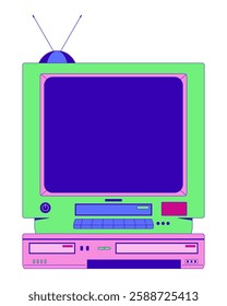 Retro television with DVD player 2D cartoon object. Vintage TV with antenna. Nostalgic tech. Floppy drive. 90s technology isolated element flat vector clipart on white background. Spot illustration