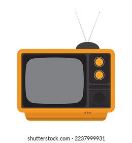 Televisión retro. Televisión plana naranja con símbolo de icono de antena, aislada en fondo blanco. Ilustración del vector
