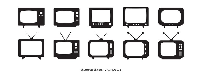 Vektorgrafik des Retro-Fernsehsymbolsatzes. Sammlung von alten TV-Ikone Silhouetten, Retro, Vintage TV, Klassik, Antikes TV, Altes Fernsehen, Vektorgrafik. Retro-Elektronik, Vintage-Bildschirm