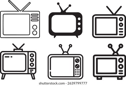 Retro Television Icon Set, Vintage TV Vector Outline and Solid Icons for Media and Design.