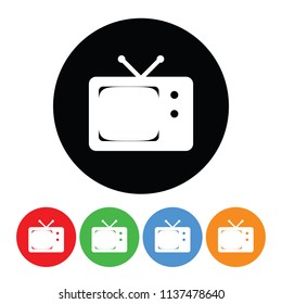 Retro television icon in a vector circle old fashioned TV symbol with four color variations