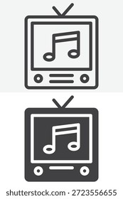 Televisão retrô com conjunto de ícones de estilo diferente de nota de música. Linha, contorno e ícone sólido sinal de vetor e símbolo. Ícone de vetor de traçado editável para TV de música.