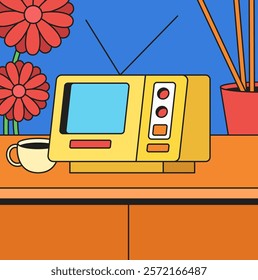 Retro television on top of a table living room set with flowers and coffee in cartoon hand drawn illustration