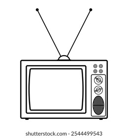 Ilustração Vetorial do Contorno da Televisão Retrô. Esta imagem é um desenho a preto e branco de uma televisão no estilo retrô com uma antena. A TV tem uma tela grande e quadrada delimitada por uma moldura grossa.