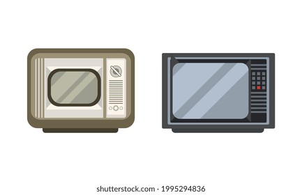 Retro Television Set, Fron View of Analogue Old Obsolete TV Flat Vector Illustration