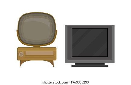 Retro Television Set or Television Receiver with Display for Viewing and Hearing Television Broadcasting Vector Set