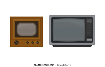 Retro Television Set or Television Receiver with Display for Viewing and Hearing Television Broadcasting Vector Set