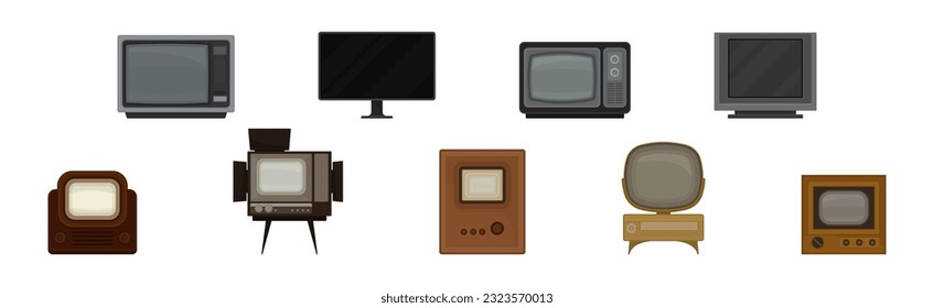 Retro Television Set or Television Receiver with Display for Viewing and Hearing Television Broadcasting Vector Set