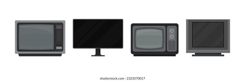 Retro Television Set or Television Receiver with Display for Viewing and Hearing Television Broadcasting Vector Set