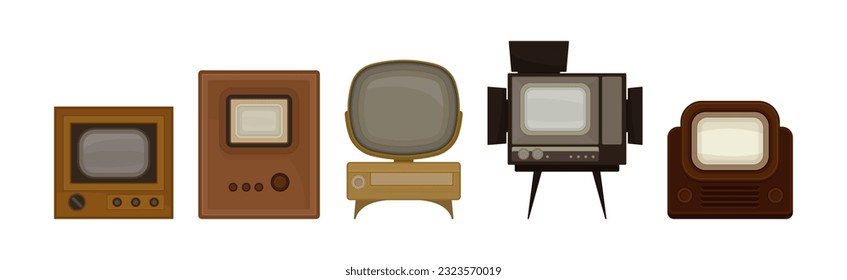 Retro Television Set or Television Receiver with Display for Viewing and Hearing Television Broadcasting Vector Set