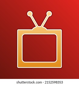Retro television sign. Golden gradient Icon with contours on redish Background. Illustration.