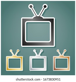 Señal de la televisión retro. Conjunto de íconos metálicos con gradiente gris, dorado, plata y bronce con contorno blanco y sombra en fondo viridán. Ilustración.