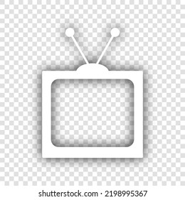 Retro television sign. White Icon with dropped natural gray Shadow at transparent Background. Illustration.