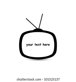 Retro Television Silhouette with Editable Screen Text – Black Icon with Antenna on White Background. A minimalist black silhouette of a vintage television set featuring two antennae and a rounded rectangular screen. Inside the screen area, placeholder text reads “your text here,” allowing for easy customization. The design evokes a nostalgic media aesthetic and is ideal for themes related to broadcasting, entertainment history, visual storytelling, or retro branding. Suitable for use in presentations, educational materials, promotional graphics, or editable templates.