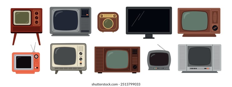 Retro televisions. Old media communication system. Modern and tube video technic. Wooden case with convex glass. TV watching. Show broadcast. Obsolete analog display