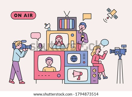 Retro televisions are piled up. There are people around you who report news. flat design style minimal vector illustration.