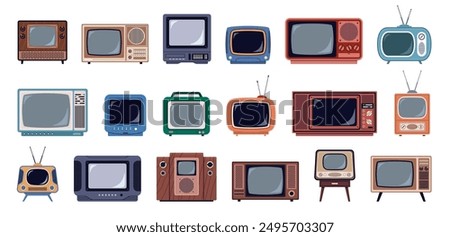 Retro televisions. Tube vintage communication systems, small glass convex screens, wide wooden and plastic housings, nostalgia technology cartoon flat isolated illustration, nowaday vector set