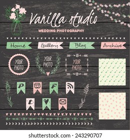 Retro template for bloging and website. Romantic design for your blog in pastel colors. The original design of the banner of the blog, social icons, patterns and graphic elements. vector