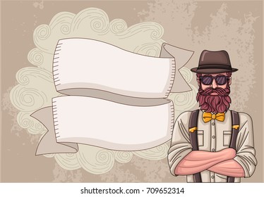 Retro template design with hipster man wearing vintage clothes.
