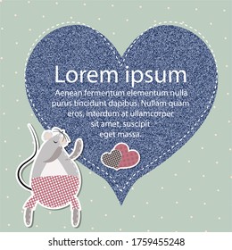 Retro template frame with grey mouse and heart for greeting card