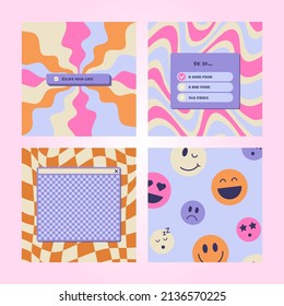 Retro template post set. Old computer aesthetic frames for quotes, slogan, text. Retro 70s, 80s, 90s. Retro Vibes Art. Trendy elements. Colorful bright background. Editable Vector. 